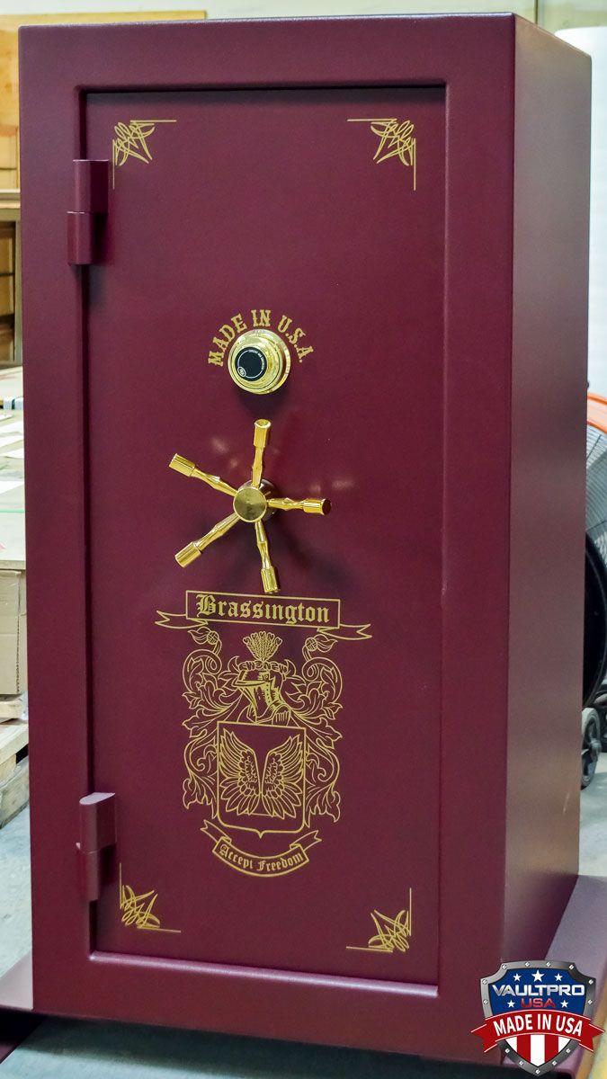 Image of safe in burgundy red with custom coat of arms art. Safes made in America by Vault Pro USA