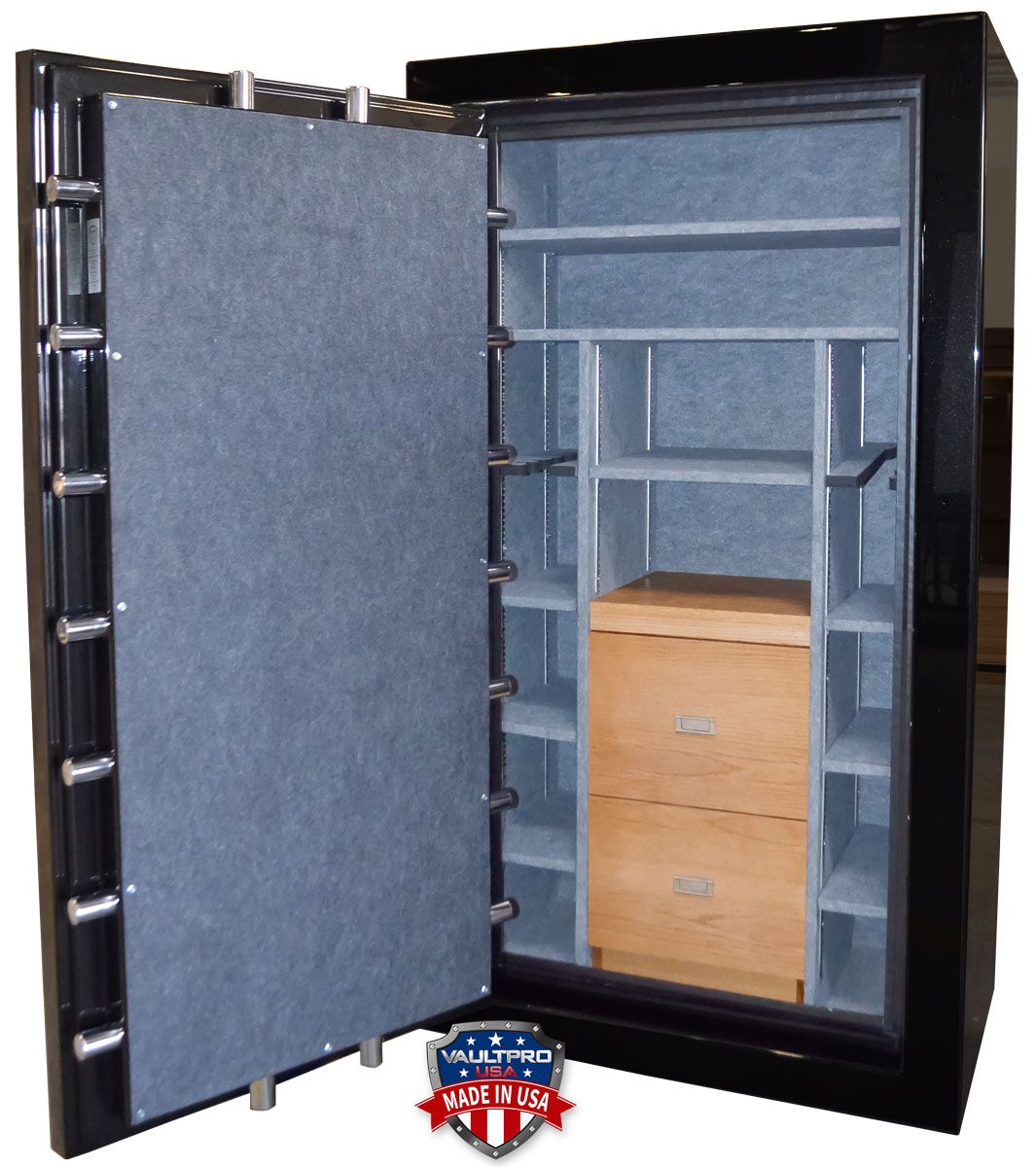 Custom safe with oak file cabinet. The safe is finished in premium dual stage gloss black. Made in America by Vault Pro USA