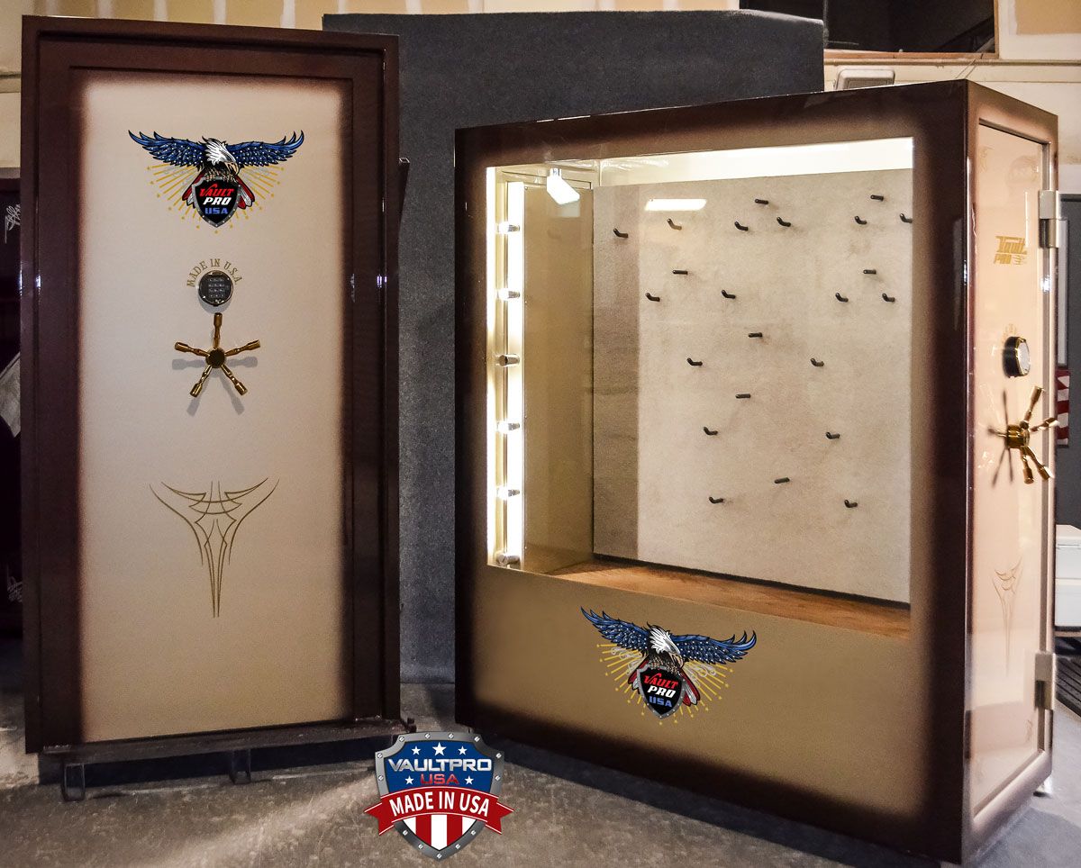 Matched custom ballistic resistant display safe and vault door, finished in Champagne to Root Beer custom gloss fade.