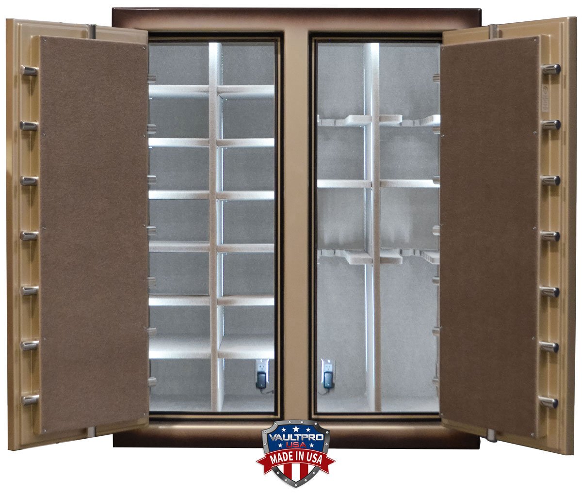 A safe made in the USA with double doors and the doors open