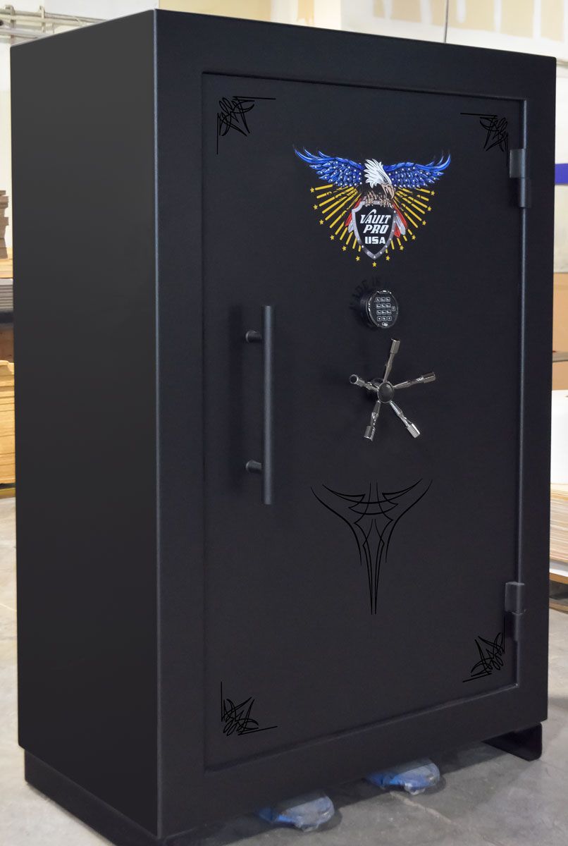 Large gun safe, the 750 model. This big safe can accommodate up to 45 long guns. Shown here in black matte finish with optional pull handle.
