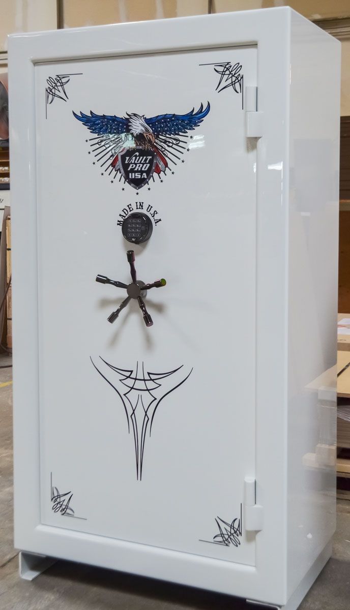 Image of American Eagle AE-740 model gun safe in optional premium dual stage Diamond White gloss finish. Made by Vault Pro USA