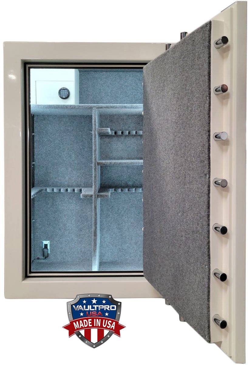Large safe with custom gloss finish and pinstripe. Interior with custom safe in safe and lighting and electrical outlet - made in USA by Vault Pro