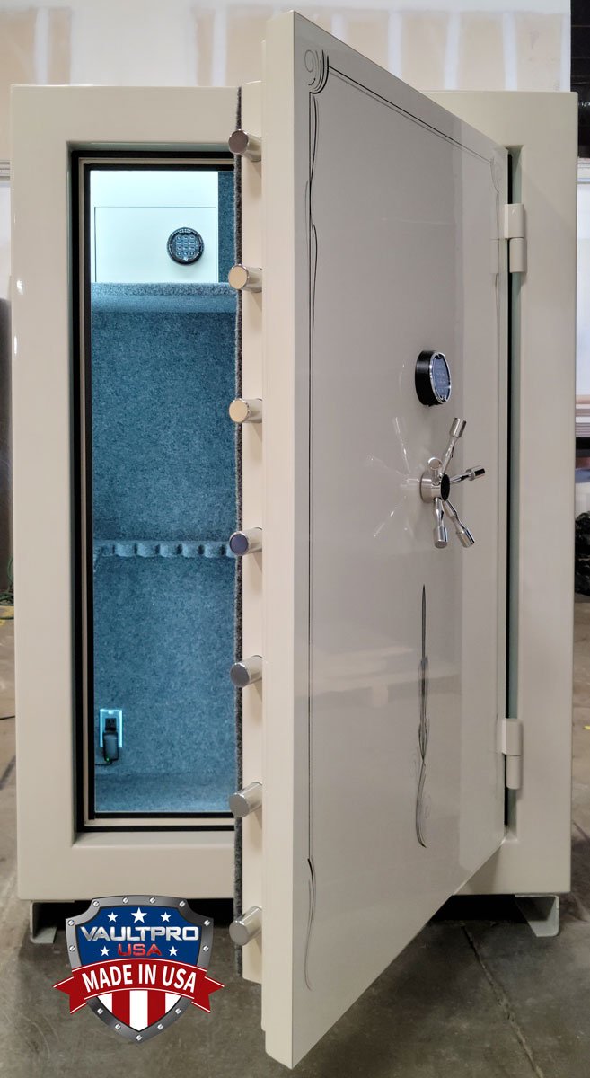 Large safe with custom gloss finish and pinstripe. Step system safe door with large locking bolts - made in USA by Vault Pro