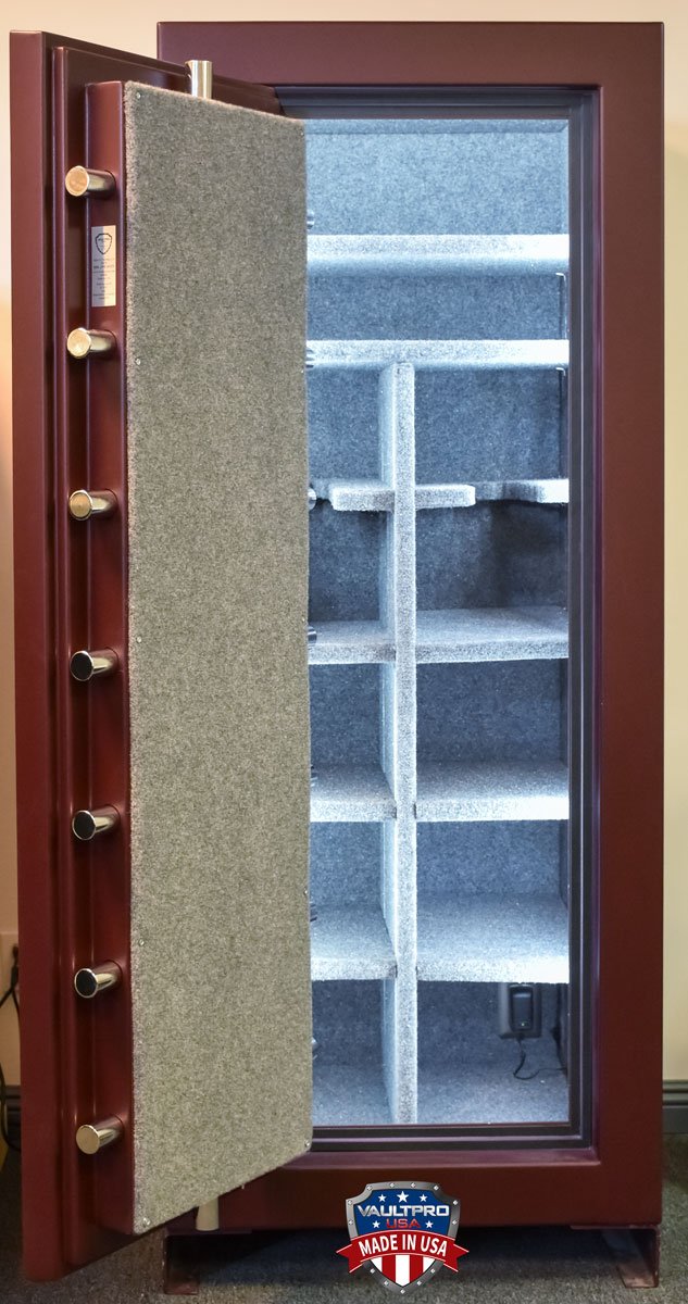 Mid-size gun safe interior accommodates up to 24 long guns with scopes, plus handguns and ammo