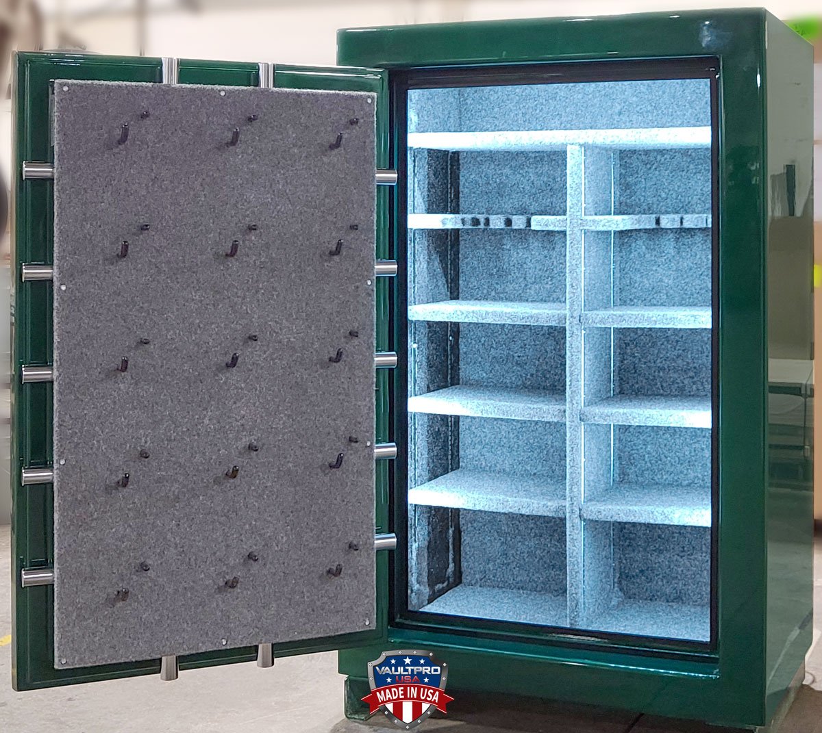 safe interior with shelves and pistol holders
