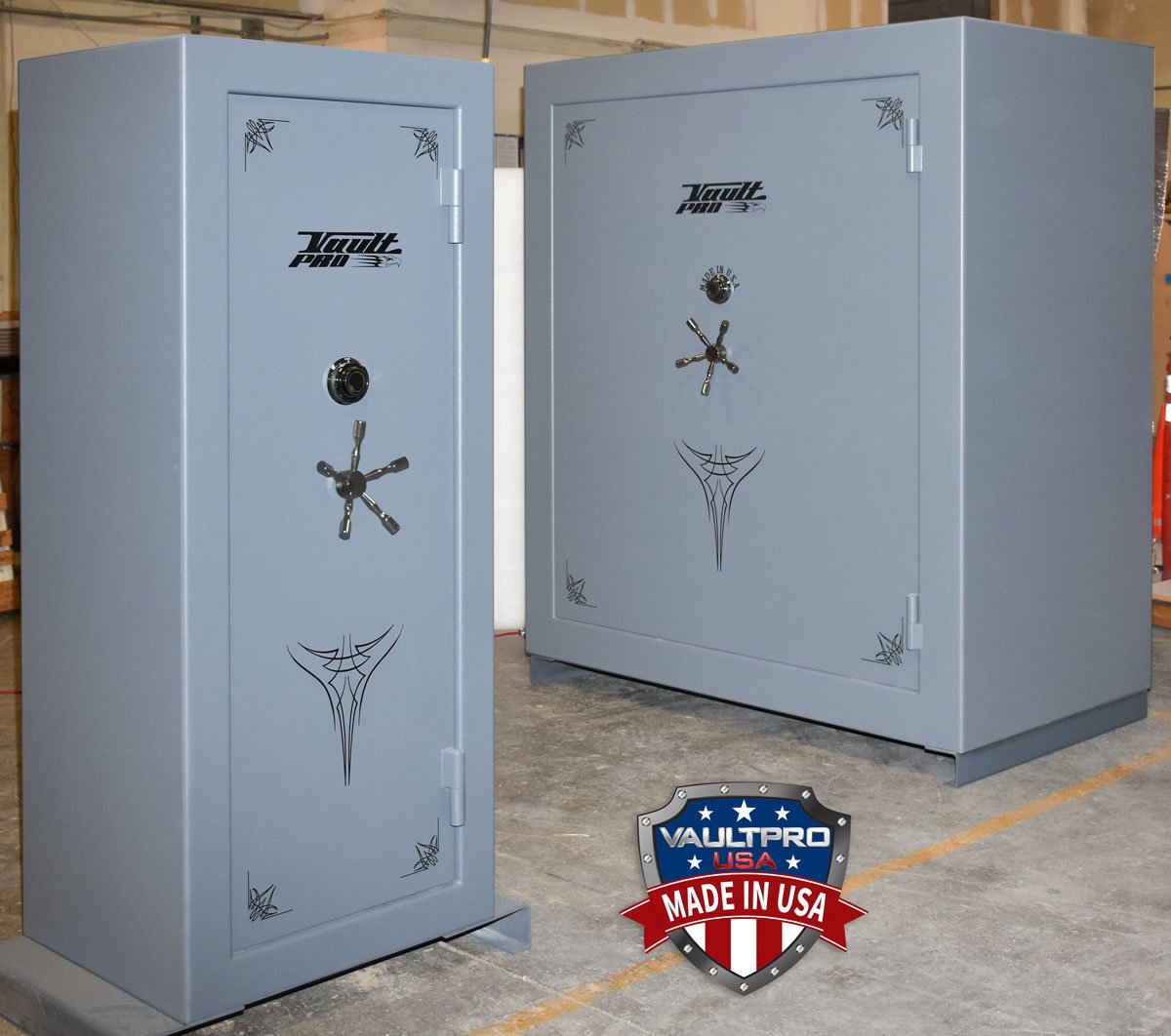 SE-730, (24) long gun safe and Monster, 100-long gun safe in final inspection area before wrapping and pallet for shipping.
