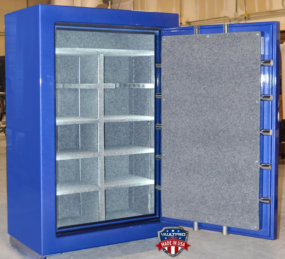 AE-640 in Electric Blue gloss finish. Interior features automatic L.E.D. lighting, electrical outlet and dehumidifier.