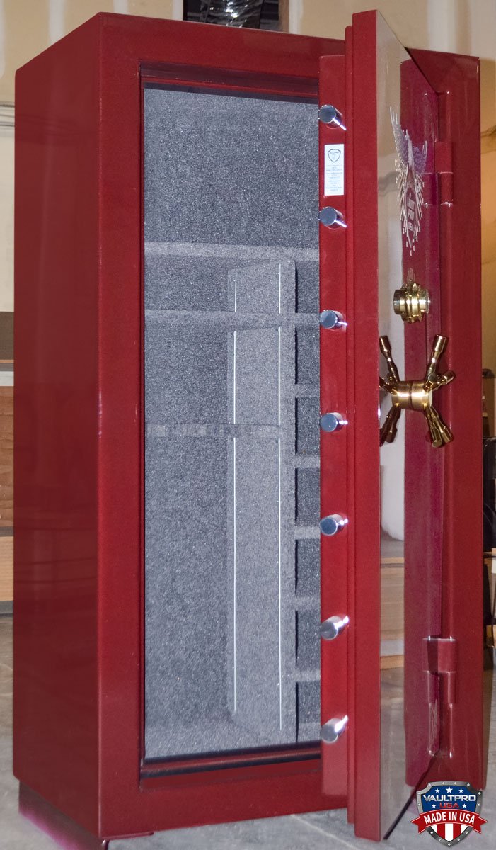 GE-740 model safe with door partially open showing fully configurable interior. Shown in optional gloss burgundy finish.