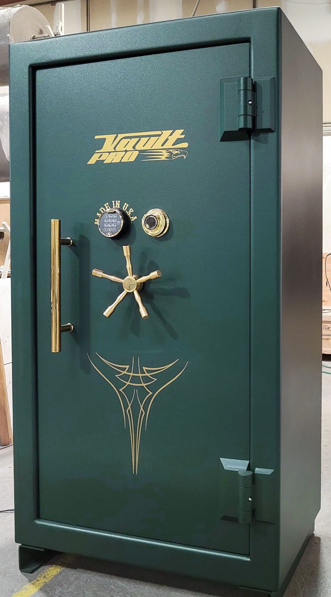 American Eagle Series AE-740 safe in standard green finish. This safe is shown with optional dual locks and pull handle.