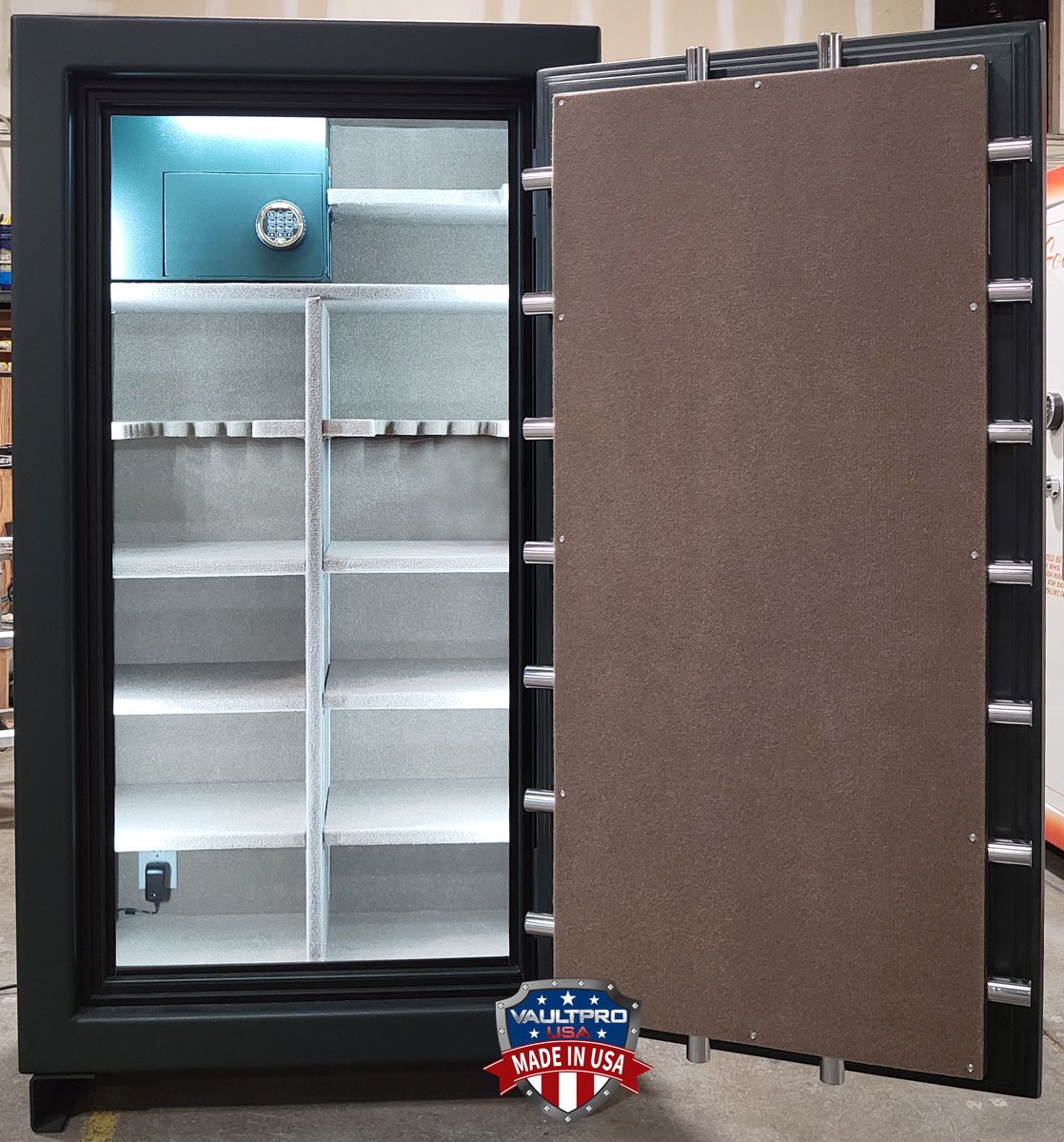 AE-740 model safe interior with automatic L.E.D. lighting and electrical outlet, USA made. Shown with safe-in-safe option.