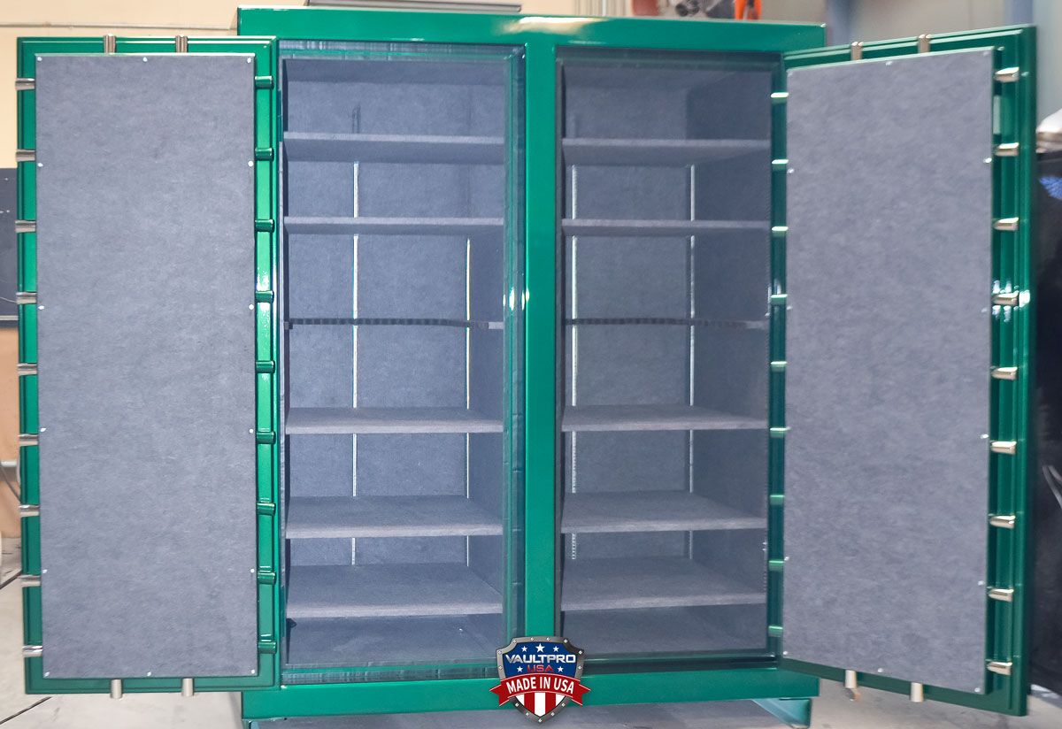 Custom size Monster double door gun safe interior. This safe was customized for clients need for extra shelving. Shelves and long gun racks are configurable. Vault Pro USA