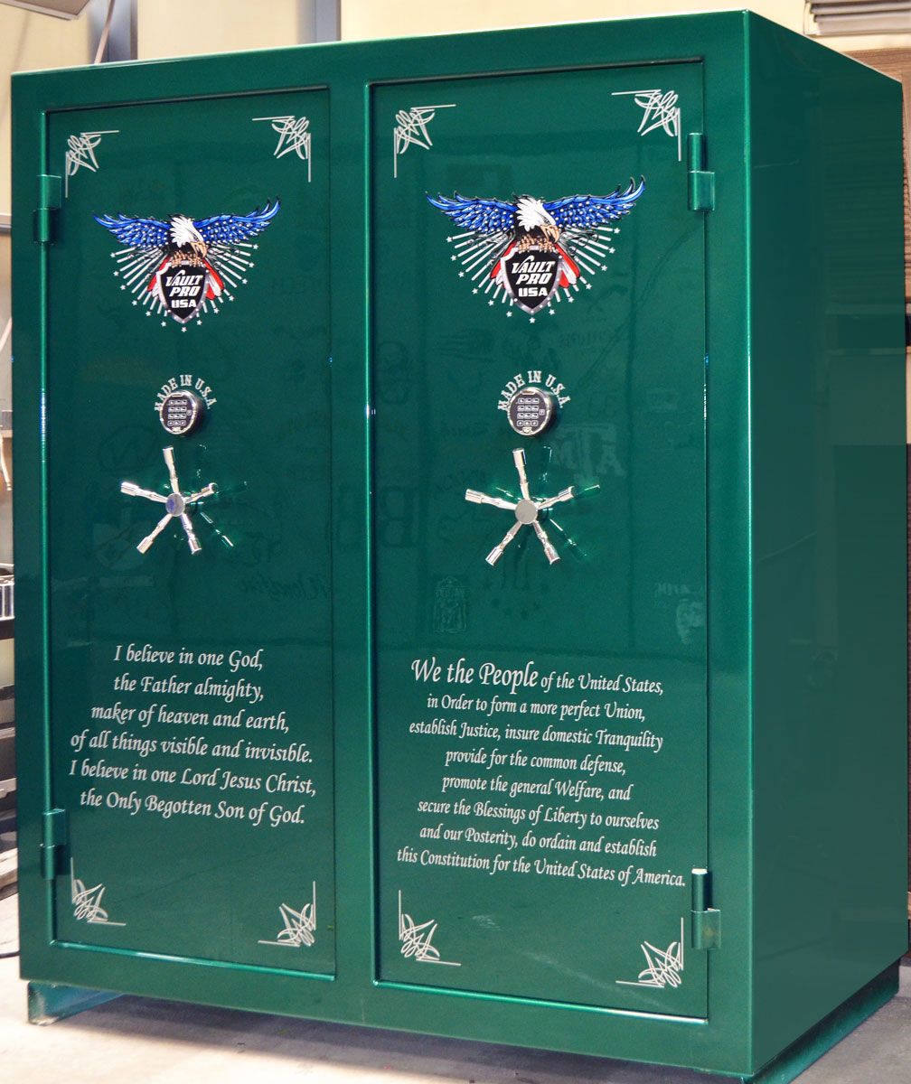 Monster double door safe with custom Meadow Green dual stage gloss finish. Customized for customer with Nicene Creed and Preamble to the U.S. Constitution.