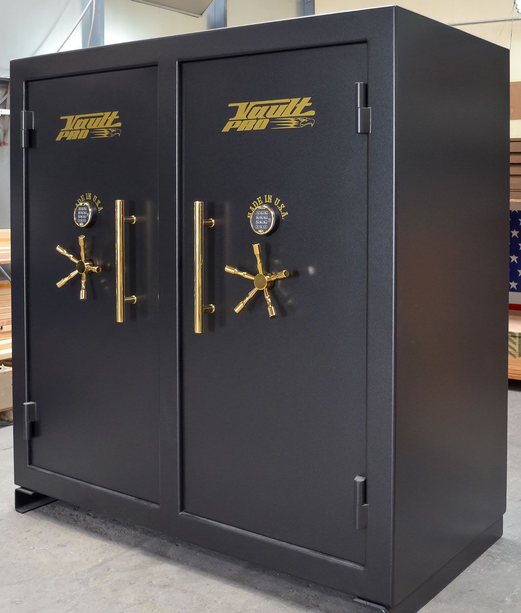 Monster double door 100 long gun safe in black with gold trim.