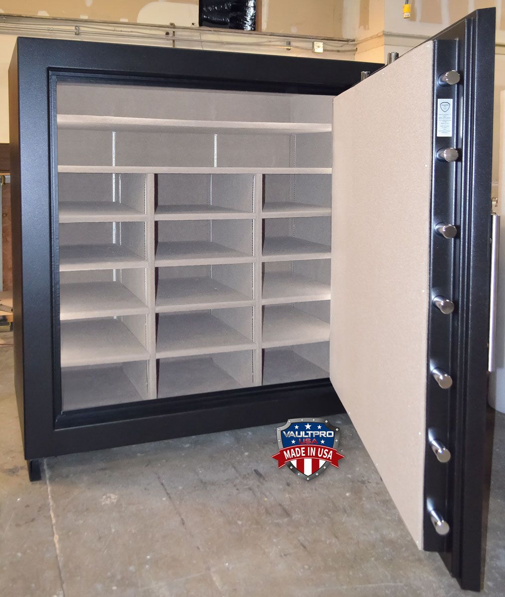 Image of very large high capacity long gun safe interior with shelves. Safe in matte black finish. Safes made in America by Vault Pro USA