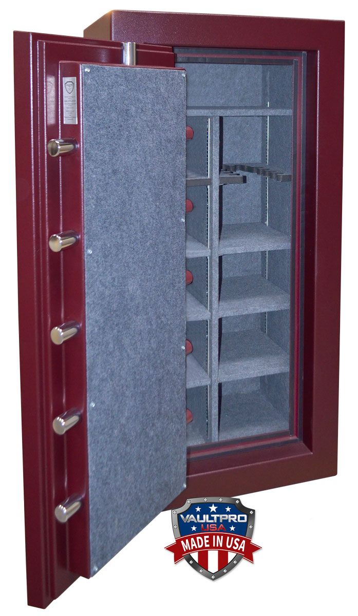 Maroon wall safe with open door revealing gray interior shelves