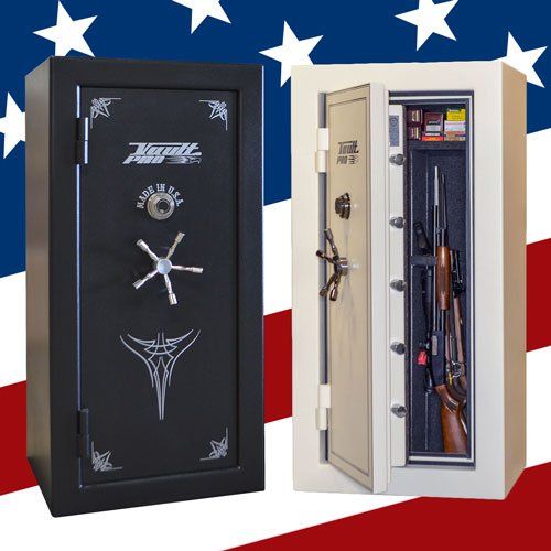 Two gun safes, one black closed and one beige open with rifles, on an American flag background