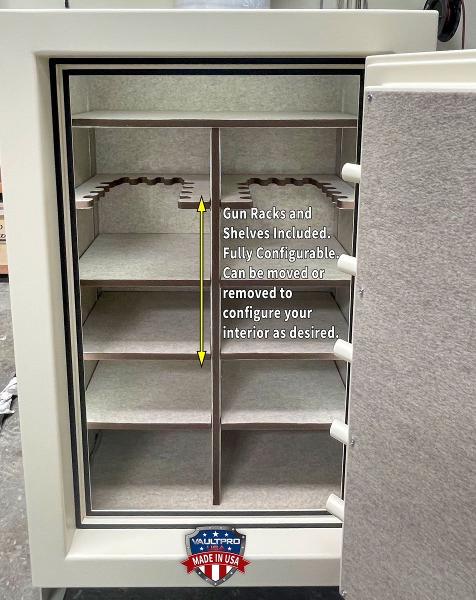 Open safe with gun racks and shelves