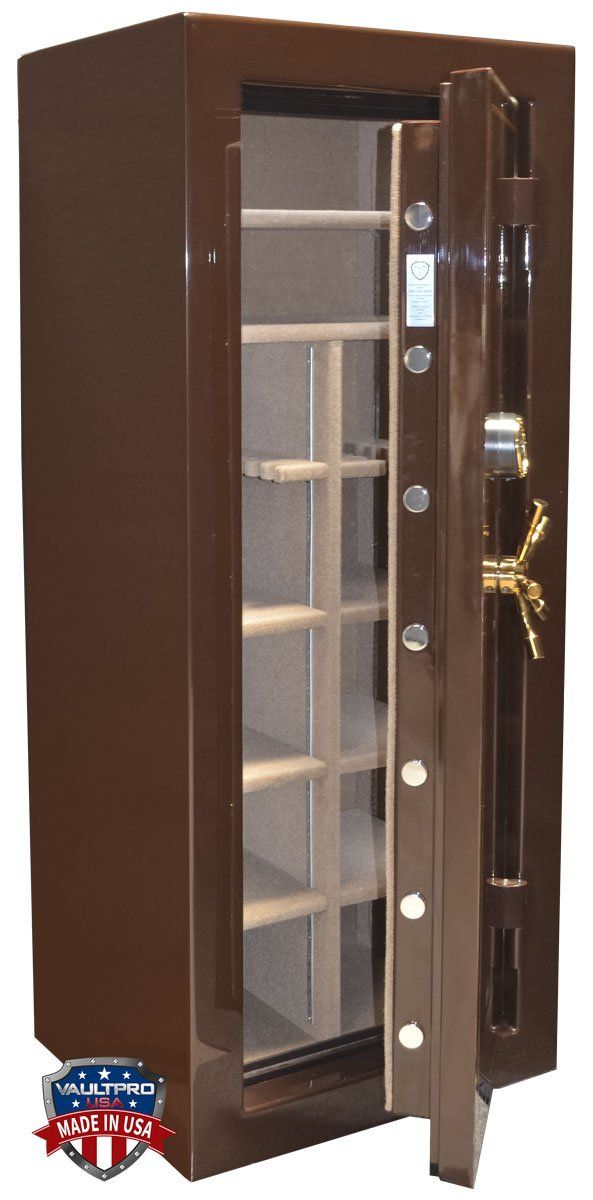 Brown steel gun safe with open door revealing empty shelves and interior locking mechanism