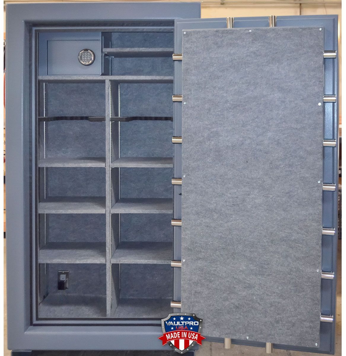 American Eagle AE-740 model safe with optional safe-in-safe. Fully configurable interior, electrical, lighting and dehumidifier.