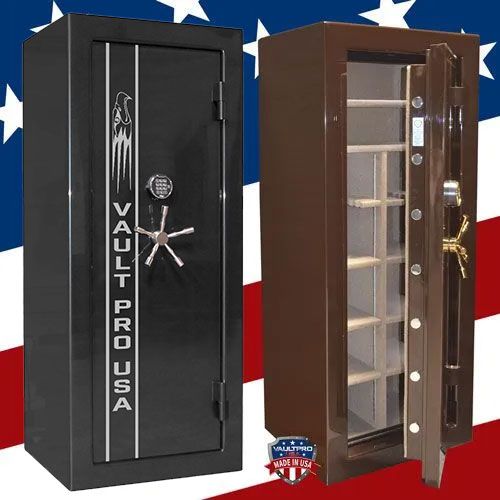 Two gun safes, one black and one brown, shown against a U.S. flag background.