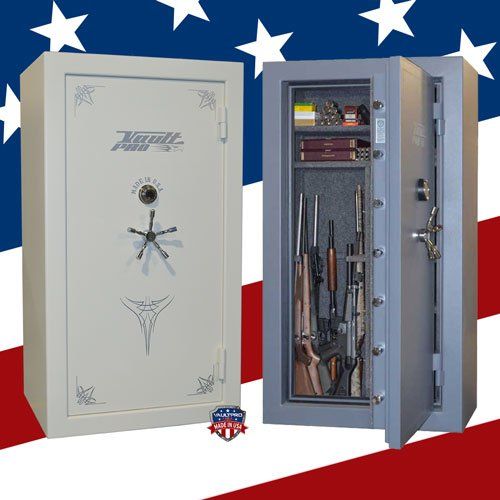 Two gray gun safes, one closed and one open with rifles inside, on a red, white, and blue background