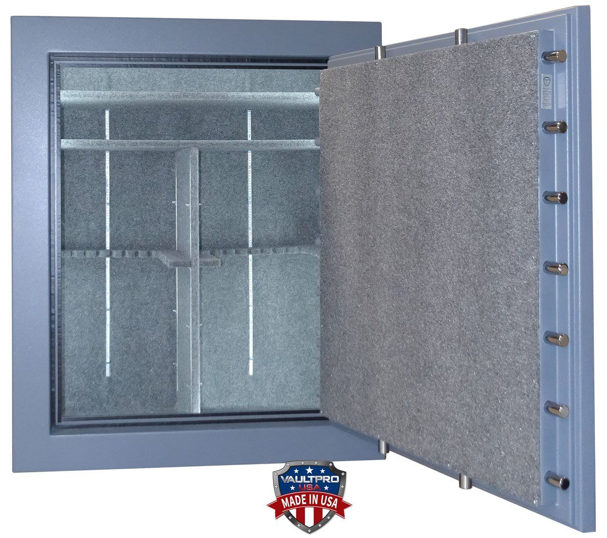 Gray steel security safe with open door, showing interior shelves and locking bolts.