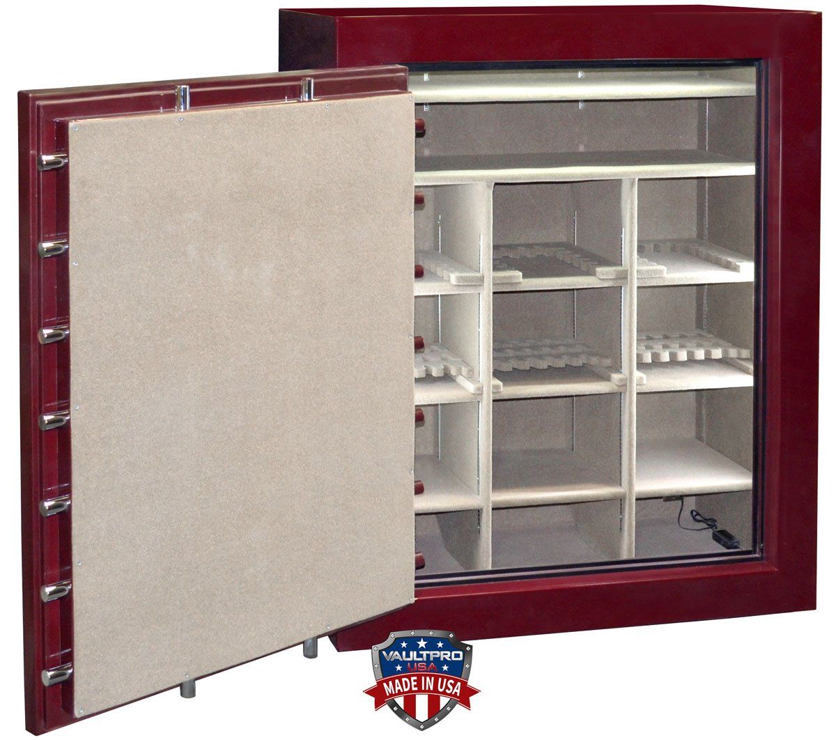 Open wall safe with maroon exterior and beige insulated door, showing organized compartments inside