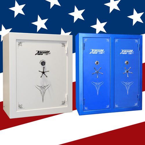 Two blue and white commemorative display boxes with stick figures, set against an American flag background