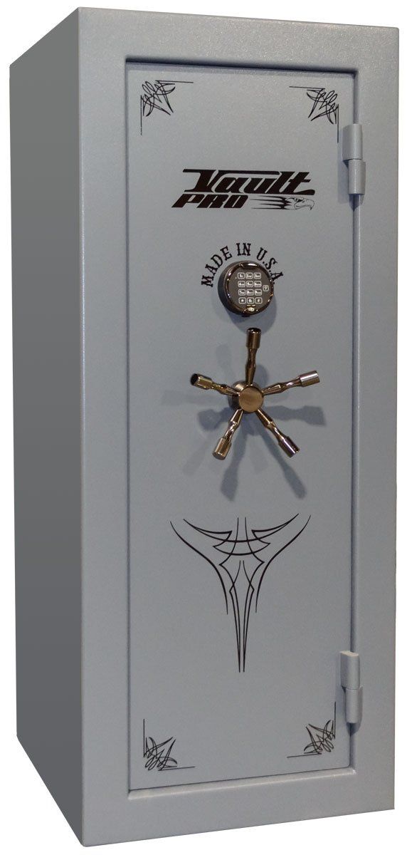 Gray safe with ornate gold handle and black decorative accents