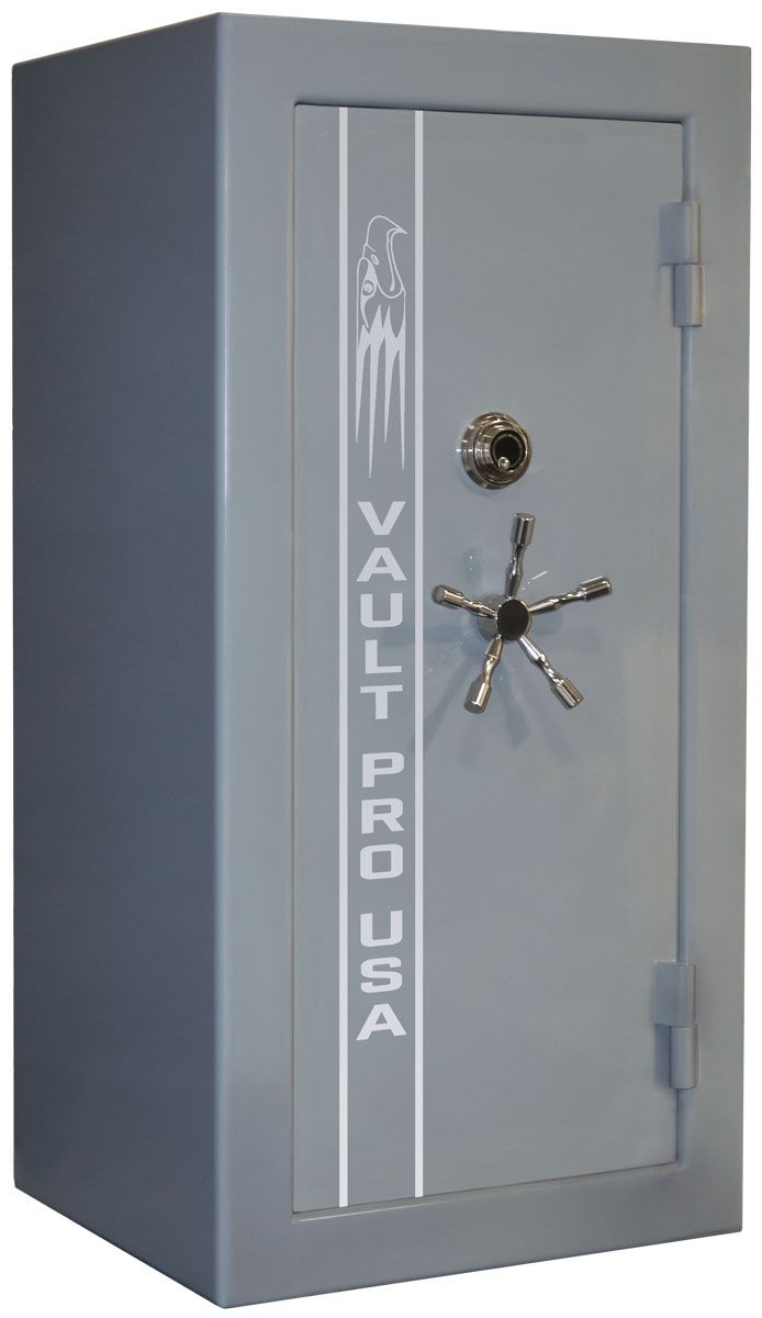 Gray Vault Pro USA safe with a five-spoke handle and combination lock.