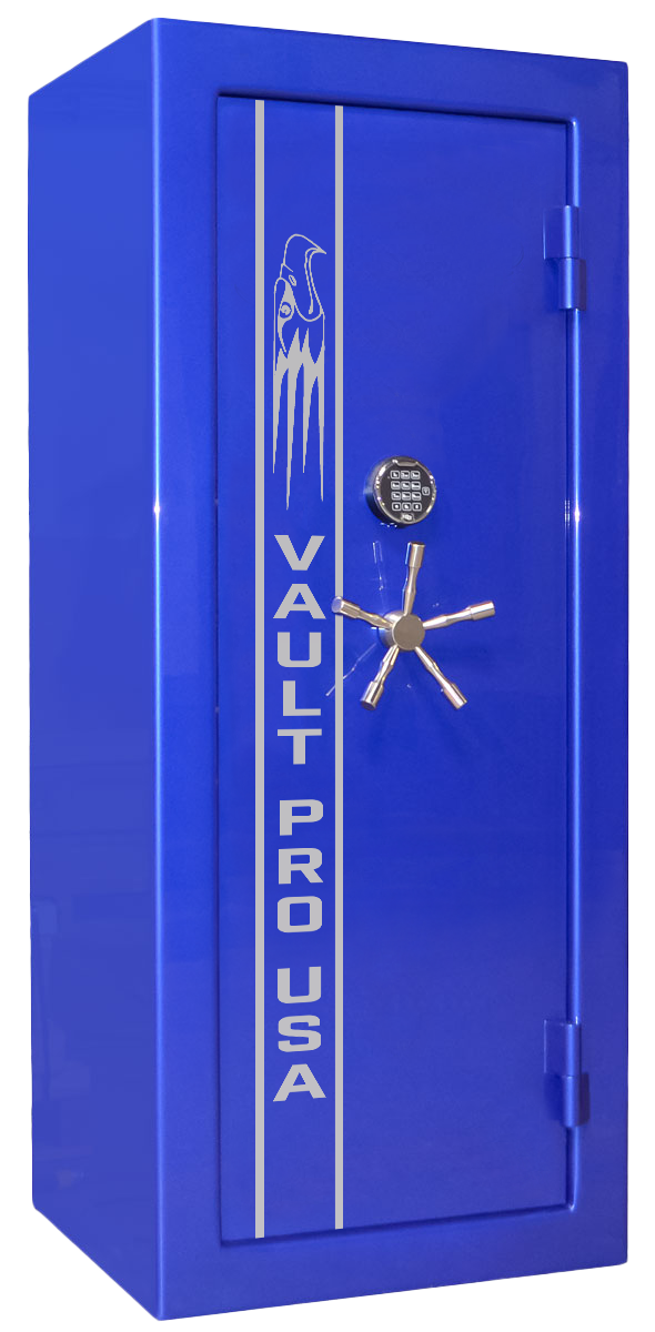 Blue vault door with silver handle and vertical “VAULT PROUSA” text