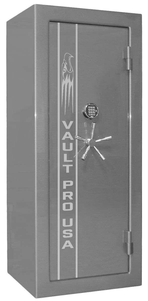 Gray vault door labeled “VAULT PRO USA” with a combination dial and handle