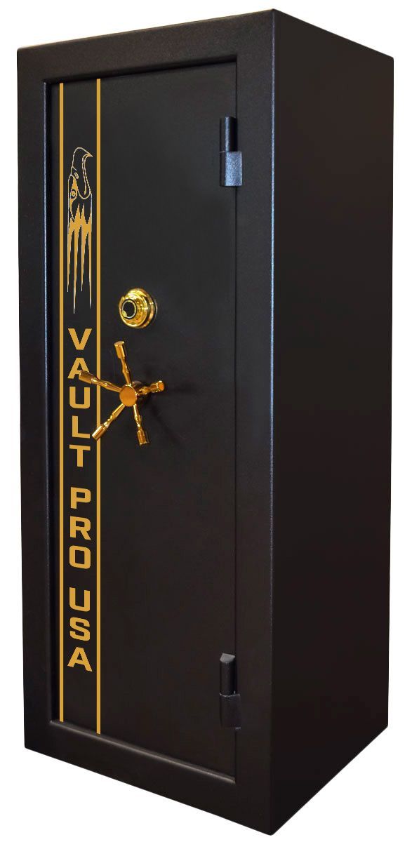 Black steel vault door with gold handle and vertical gold “VAULT PROOF” lettering