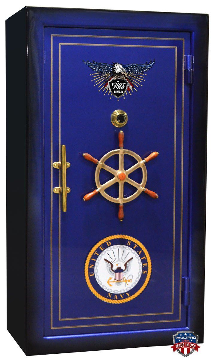 Blue ship-vault style safe door with brass wheel handle and circular gauge on the front