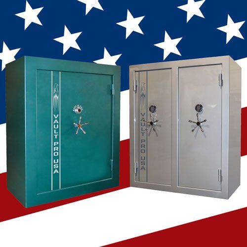 Two safes, one teal and one silver, on a red-white-blue patriotic background with stars