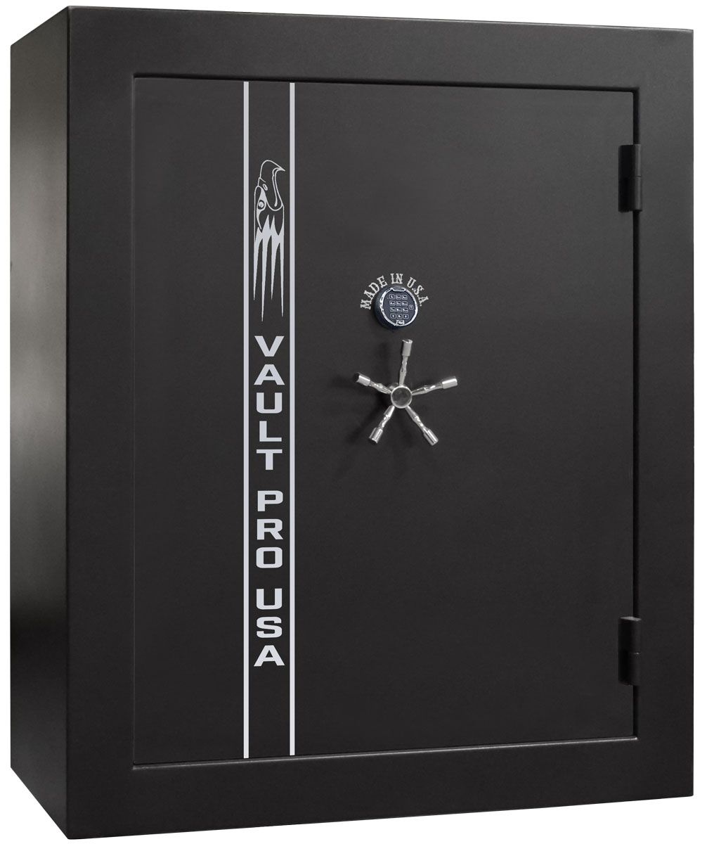 Black VAULT PROUSA gun safe with dial lock and handle, front view.