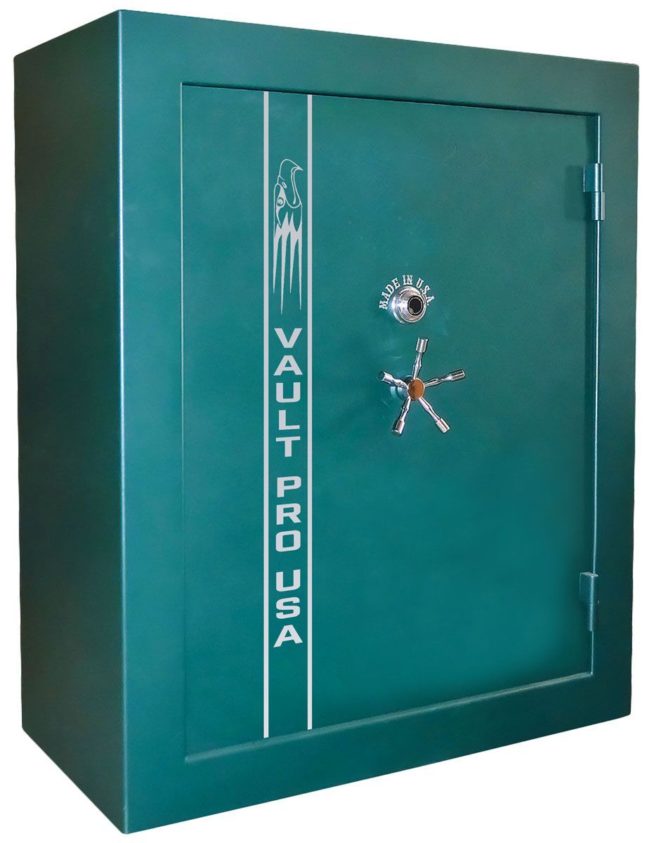 Red steel safe with open door revealing shelves, gray interior, and Vault Pro logo.