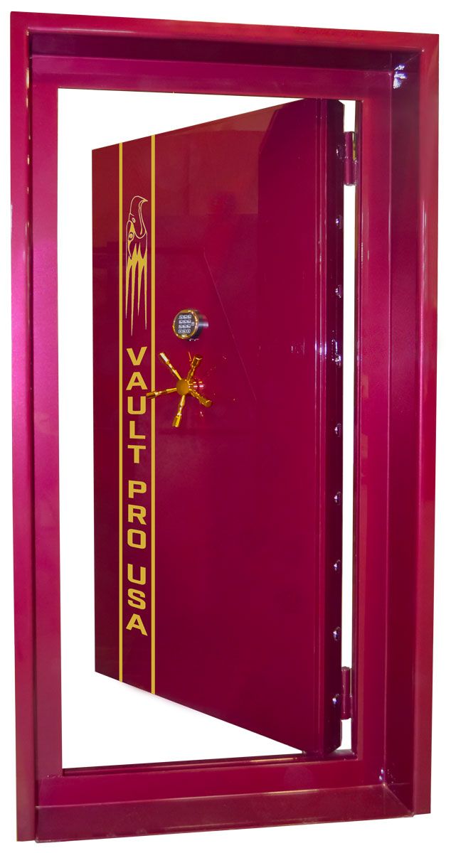 Atlas series vault door, inswing model, in premium Burgundy gloss finish.