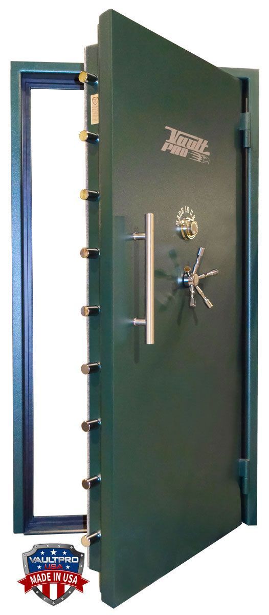 Open green safe door with gold handle and hinges, viewed at an angle on a white background