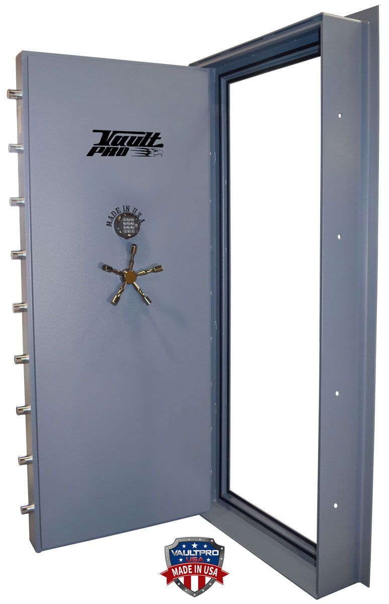 Open gray bank vault door with heavy steel frame and wheel handle