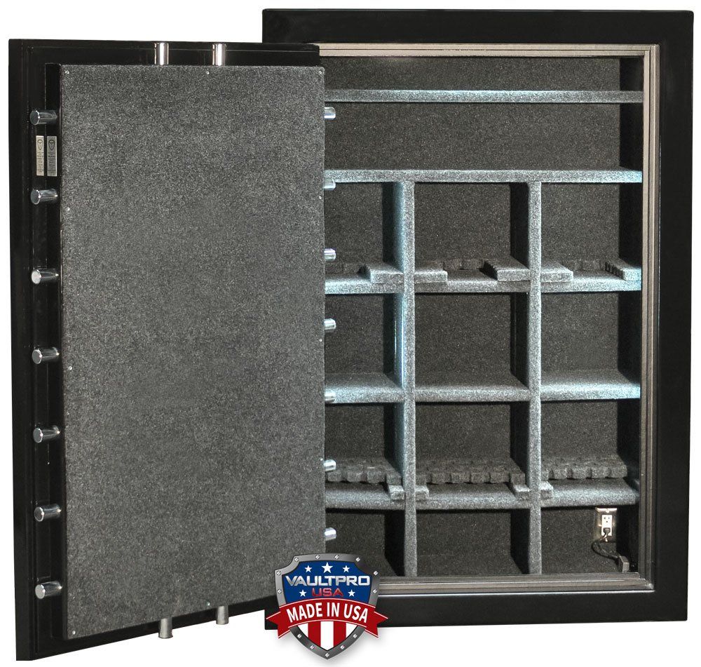 Big safe interior showing gun racks and shelves