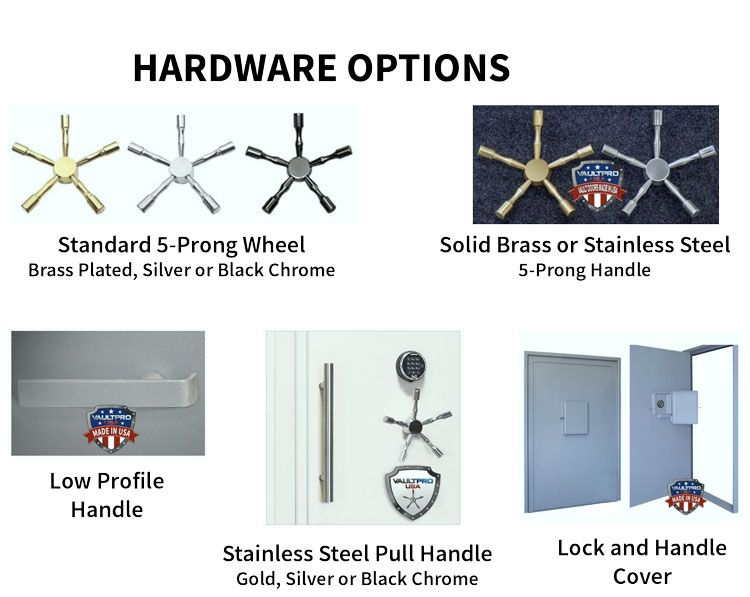 Hardware options: various safe door handles and covers in brass, chrome, and stainless steel.