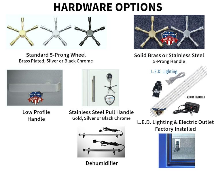 Hardware options chart showing ceiling fan finishes, handles, pull, dehumidifier, and factory-installed LED/outlet.