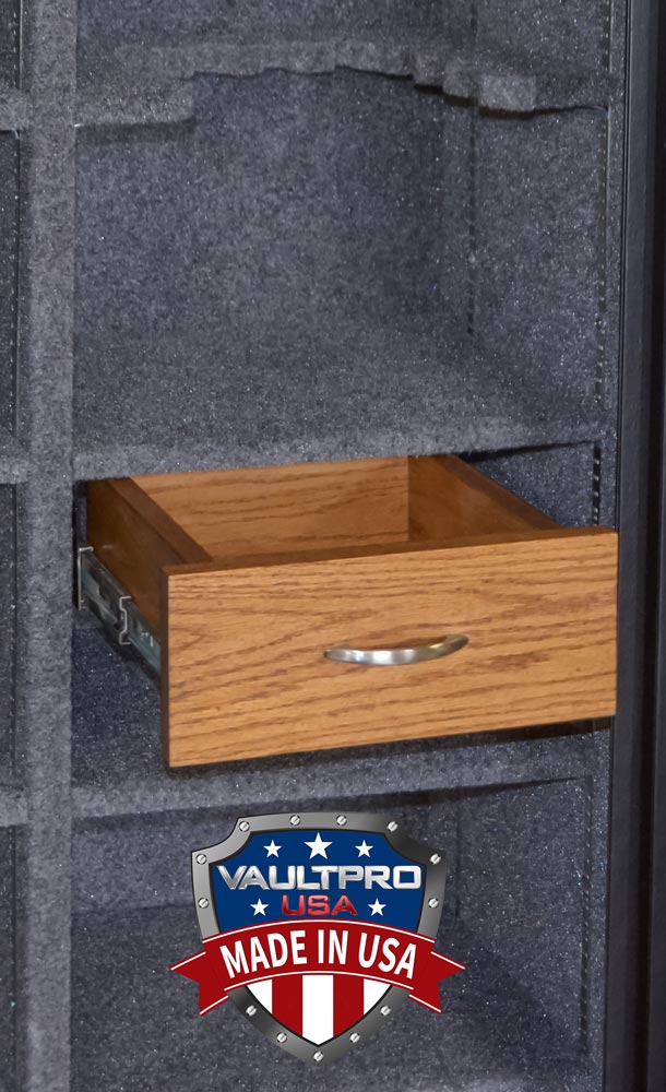 Jewelry drawer for safe with glide and finished in oak wood.