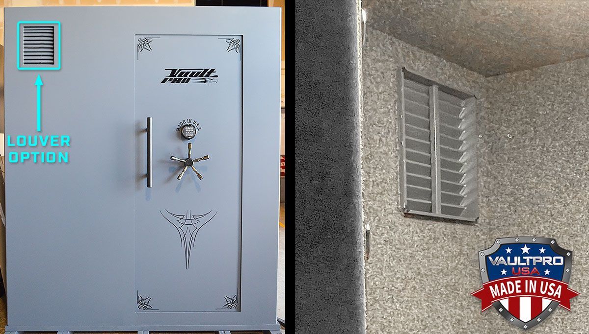 Gray metal safe door with handle and decorative scrollwork on a stucco wall, with a small vent above.