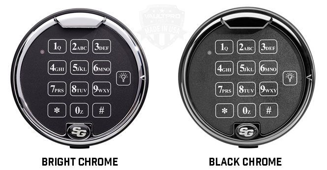 Two round keypad devices shown in bright chrome and black chrome finishes