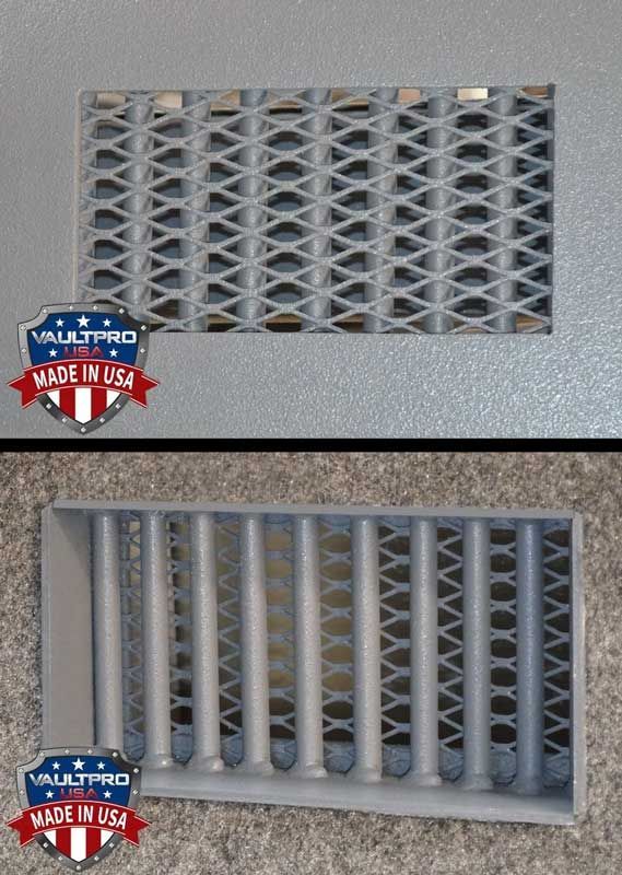 Two metal vent grilles, one flat and one side view, against a gray background with “Made in USA” badges