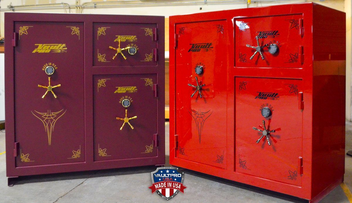 Image of two very large safes by Vault Pro USA. Two Monster Triple Door safes. One is finished in Burgundy matte with gold pinstripe and hardware. The other Monster is finished in custom Laser Pearl Red gloss.