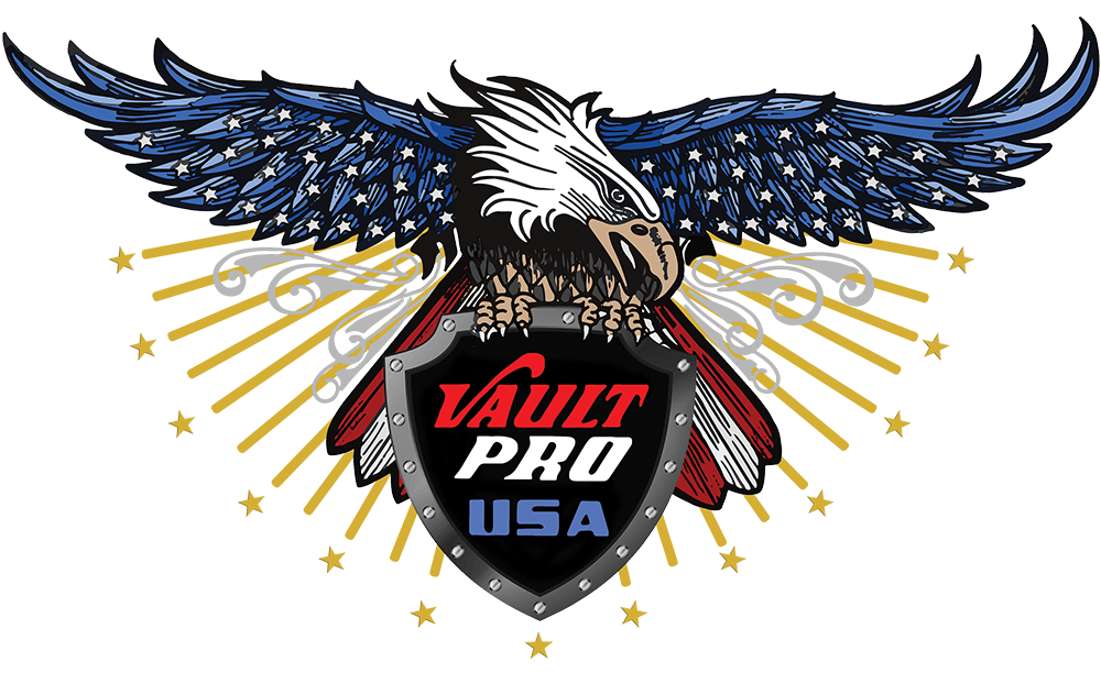American eagle with outstretched wings, holding shield with